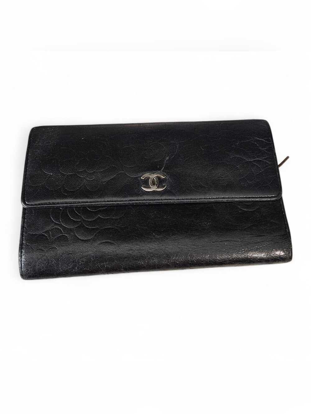 Chanel Lambskin Camellia Embossed  Long Flap Wallet - Black (GUC)